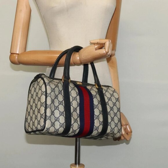 GUCCI GG Supreme Sherry Line Boston Bag PVC Navy Gold Red - Picture 1 of 15